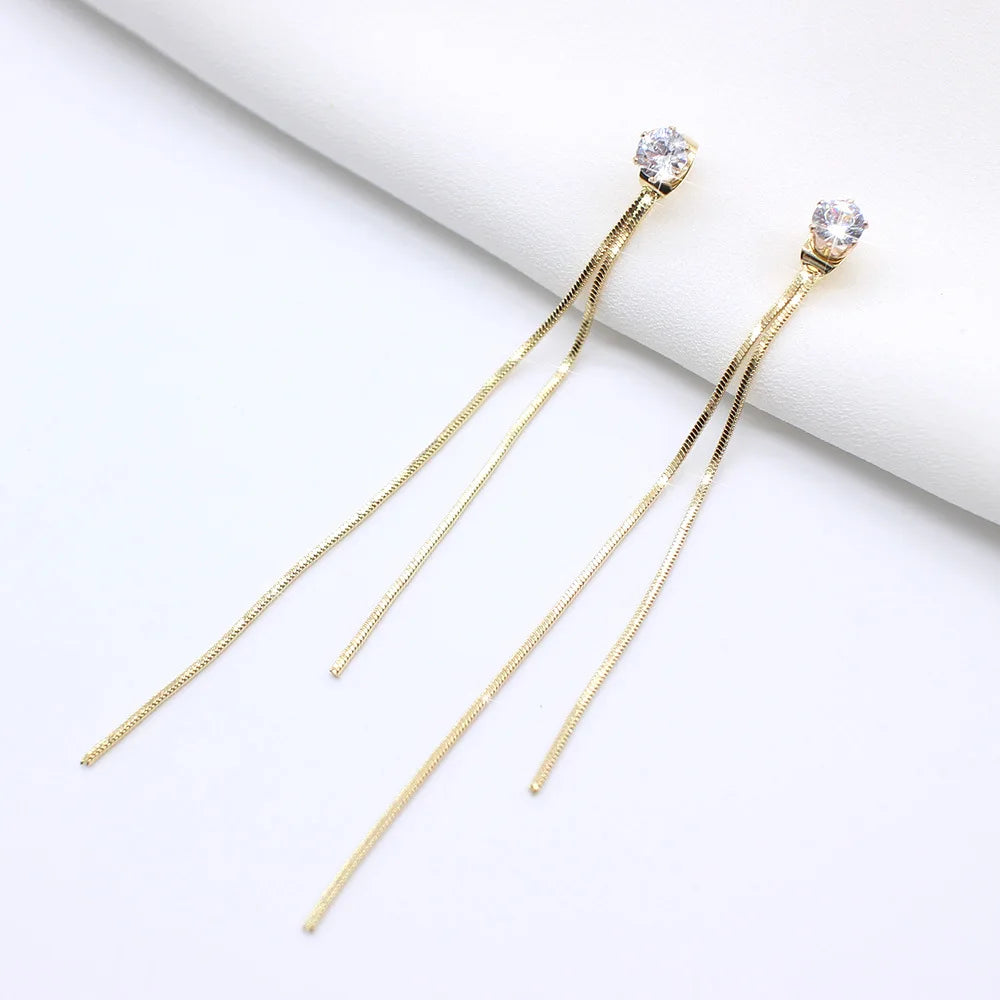 2024 New Gold Color Long Crystal Tassel Dangle Earrings for Women Wedding Drop Earring Fashion Jewelry Gifts