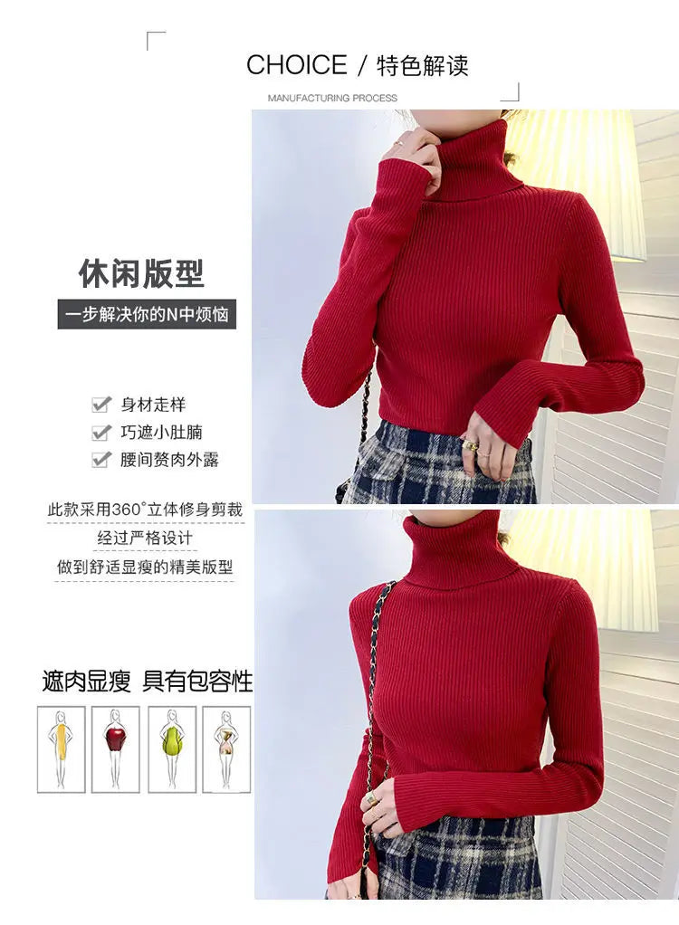 ZOKI New 2023 Women Pullover Turtleneck Sweater Autumn Long Sleeve Slim Elastic Korean Simple Basic Cheap Jumper Solid Color Top