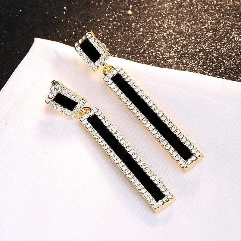 New Fashion Black Color Enamel Rectangle Drop Earrings for Women Geometric Inlay Rhinestone Long Ear Wedding Party Jewelry