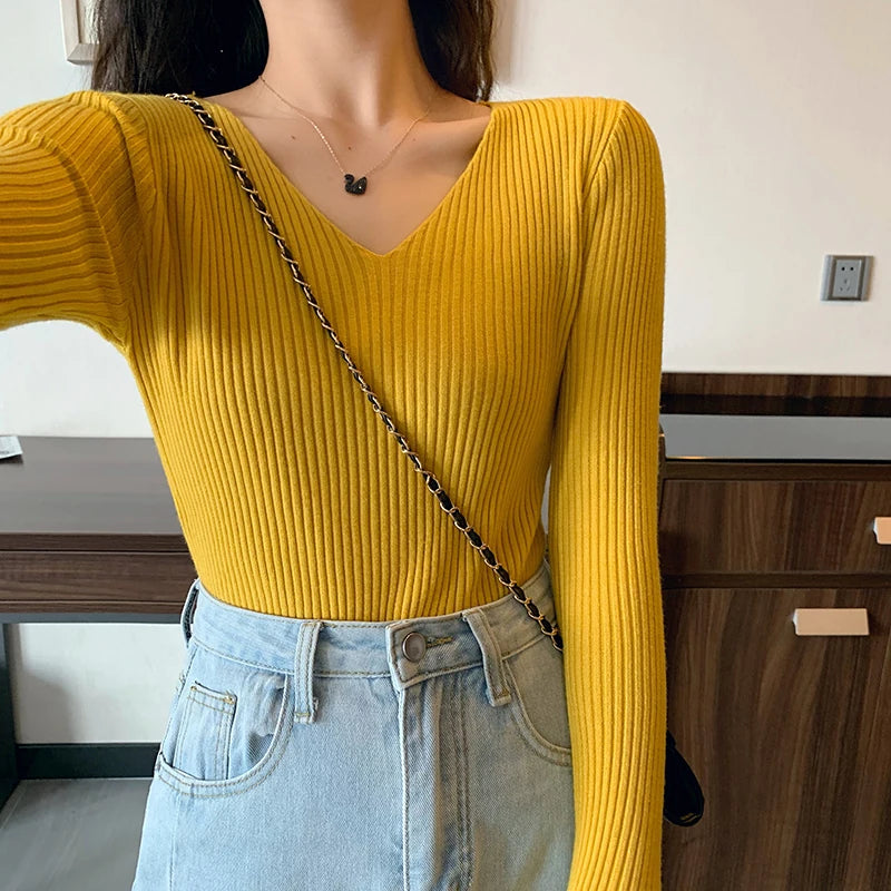 2024 Basic B-neck Solid Autumn Winter Pullover Women Female Knitted Ribbed Sweater Slim Long Sleeve Badycon High Quality Sweater