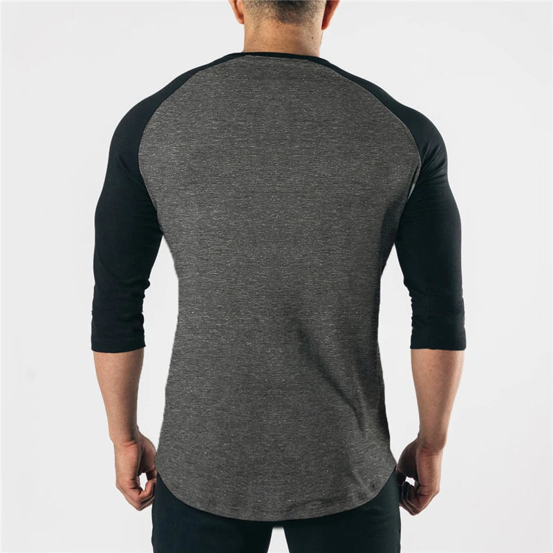 Autumn Gym Clothing 3/4 Sleeve Sports T Shirt Men Solid Cotton Running Shirt Men Workout Training Tees Fitness Tops T-shirt