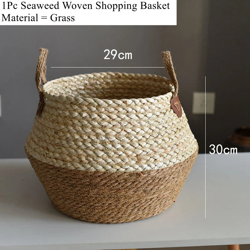 Zerolife-Seaweed Wicker Basket with Handle, Rattan Hanging Flower Pot, Dirty Clothes Storage, Children's Toy Sorting, 3 Size