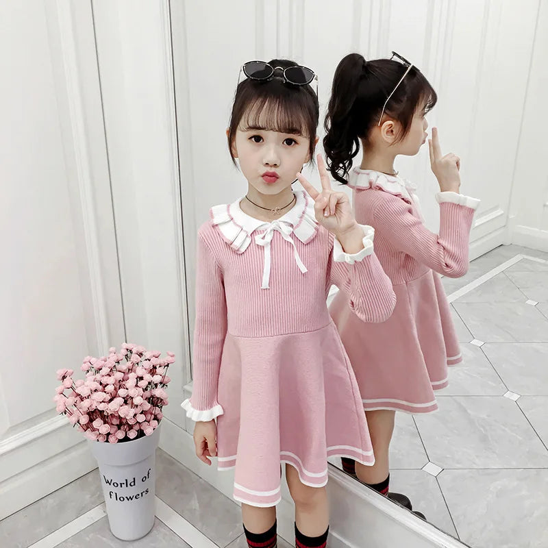 Autumn children warm Sweater dress for girls infant casual pure color Pleated princess dress Baby girl winter knitted dress