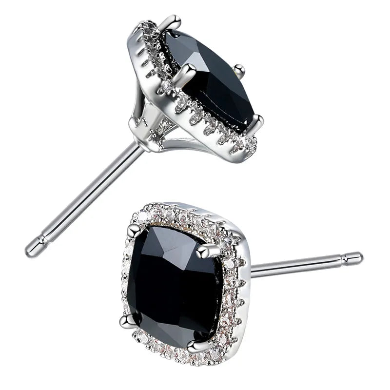 Cute Female Crystal Black Stone Earrings Charm Silver Color Stud Earrings Luxury Square Wedding Earrings For Women