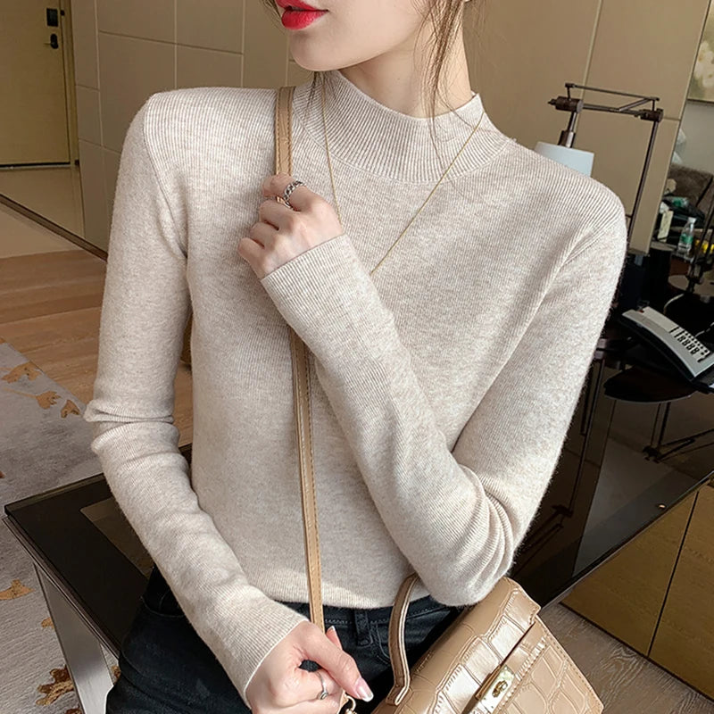 Turtleneck Warm Women Sweaters Korean Knitted Slim Office Long Sleeve Female Casual Jumpers Autumn Fashion New Ladies Pullovers