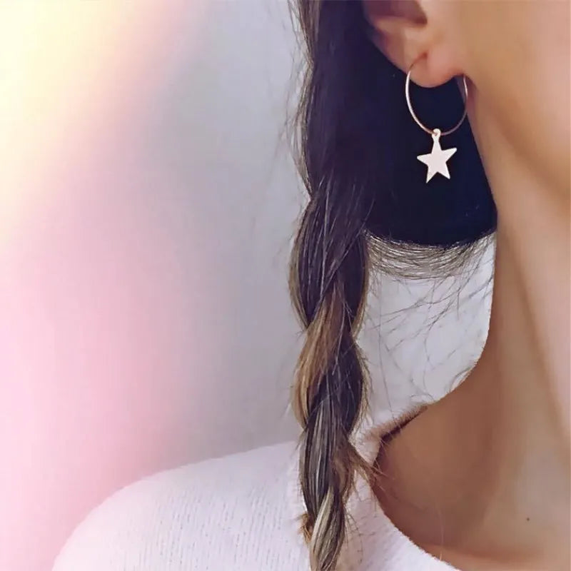 New Fashion Creative Big Circle Round Star Pendant Earrings for Women Simple Gold Color Brincos Party Jewelry Sweet Oorbellen