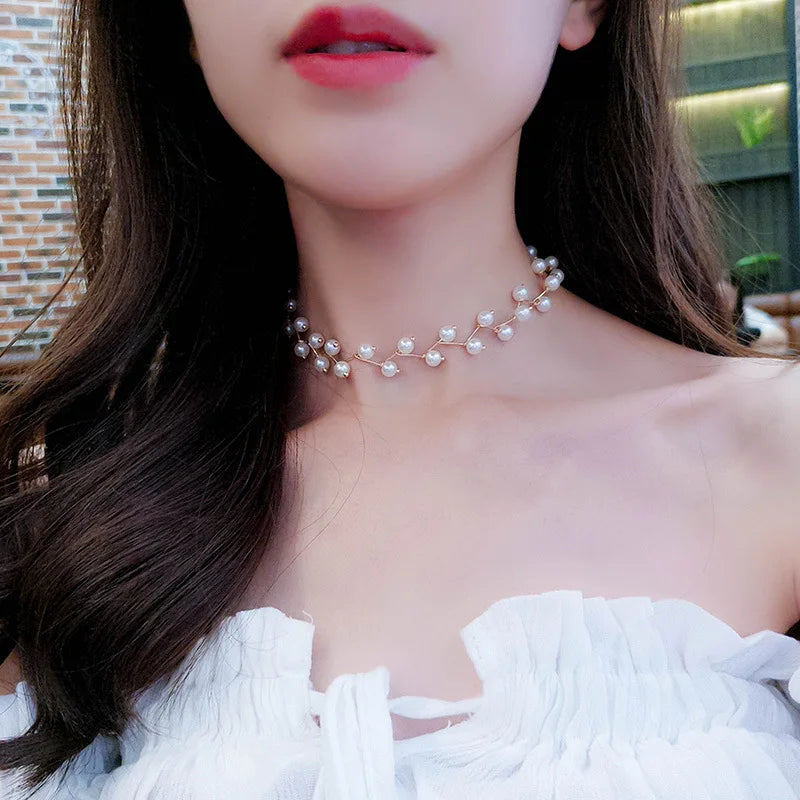 New Beads Women's Neck Chain Kpop Pearl Choker Necklace Gold Color Goth Choker Jewelry On The Neck Pendant 2021 Collar For Girl