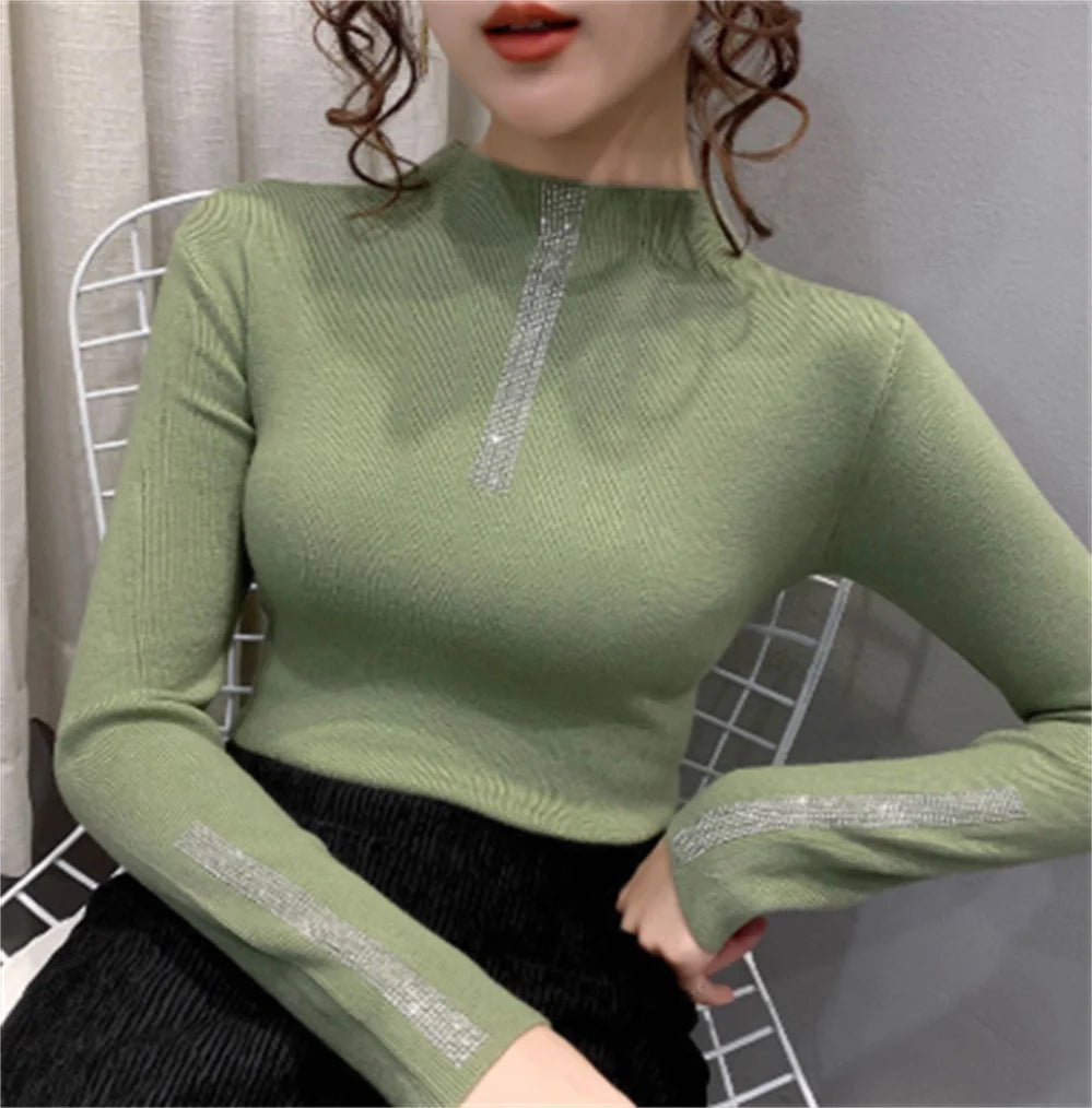 2023 Woman Sweaters Turtleneck Sweater Women's Underwear Fall/Winter Slim Rhinestone Pullover Top Sweater H1104