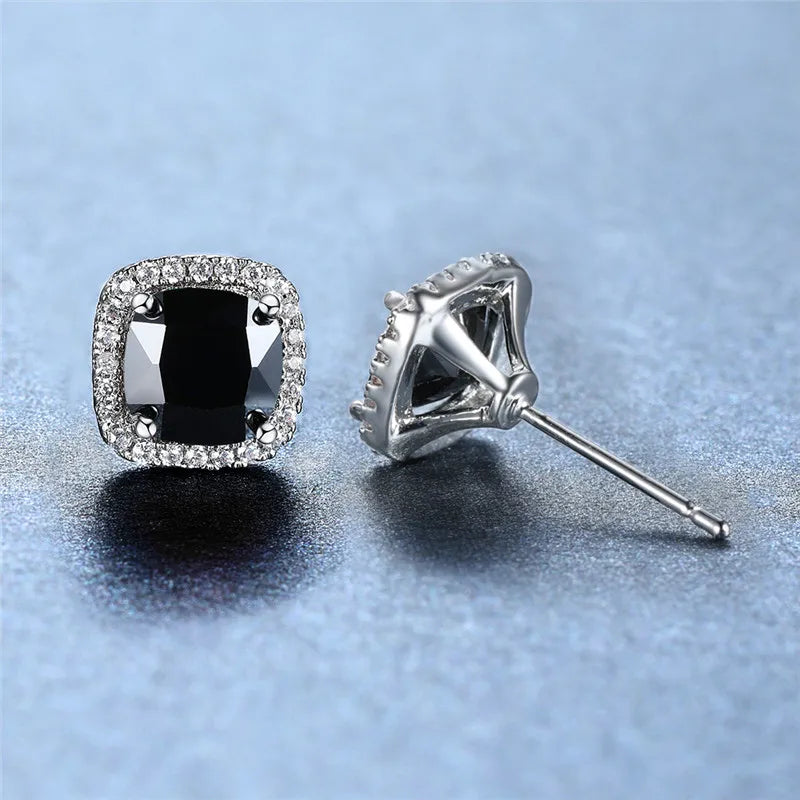 Cute Female Crystal Black Stone Earrings Charm Silver Color Stud Earrings Luxury Square Wedding Earrings For Women