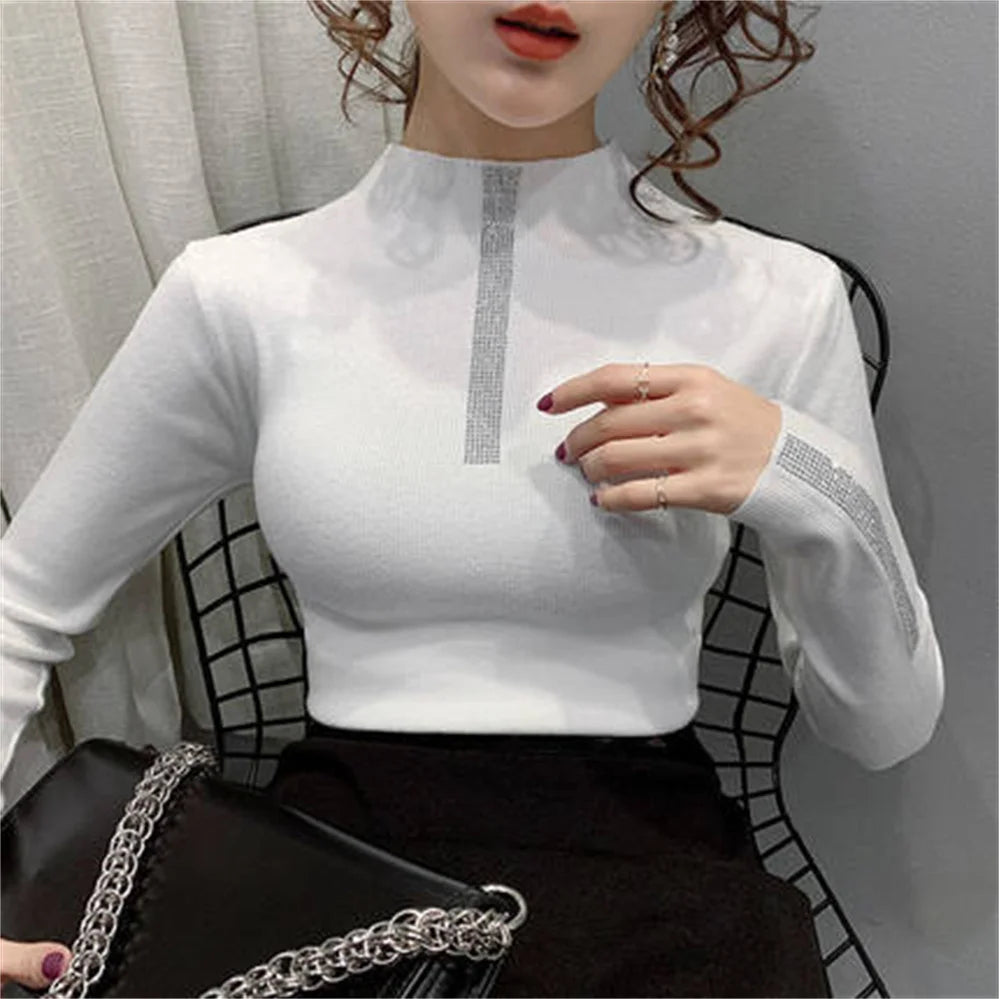 2023 Woman Sweaters Turtleneck Sweater Women's Underwear Fall/Winter Slim Rhinestone Pullover Top Sweater H1104