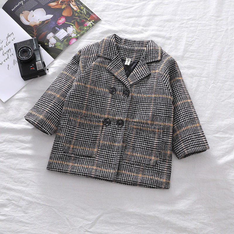 Lioraitiin Winter Grid Jackets Boys Girl Woolen Double-breasted Baby Boy Trench Coat Lapel Autumn Kids Outerwear Coats Wool Coat