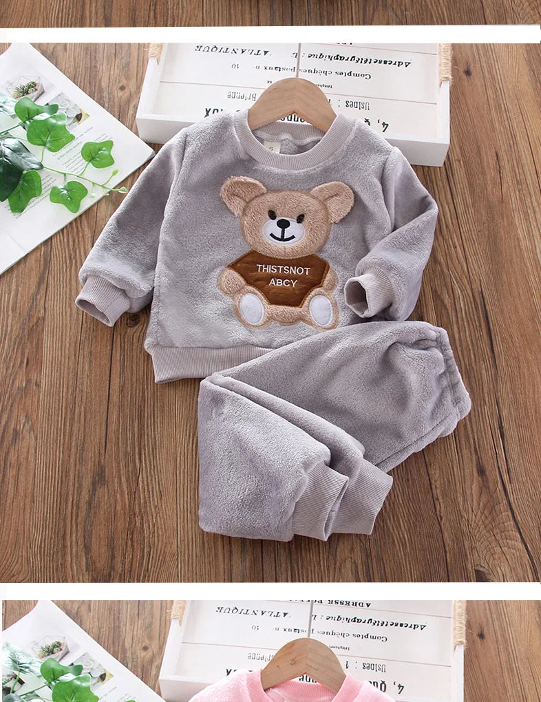 New Winter Baby Girls Boys Homewear Sets Autumn Fashion Flannel Fleece Clothes Kids Cartoon Bear Sleepwear Children Pajamas