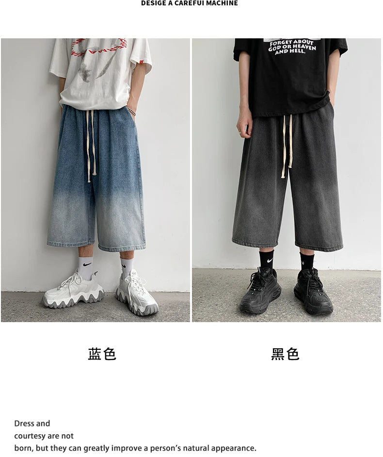 Summer Gradient Jeans Shorts Male Calf Length Trousers Denim Elastic Waist Short Jean Mens Oversized Black/Blue S-2XL