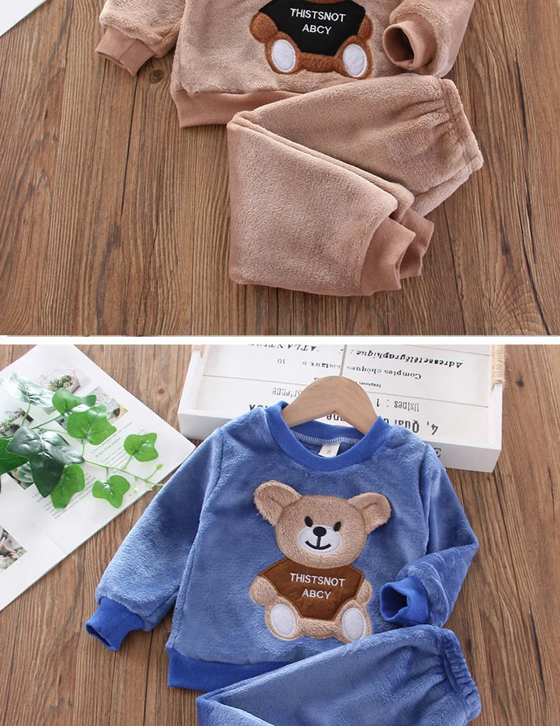 New Winter Baby Girls Boys Homewear Sets Autumn Fashion Flannel Fleece Clothes Kids Cartoon Bear Sleepwear Children Pajamas