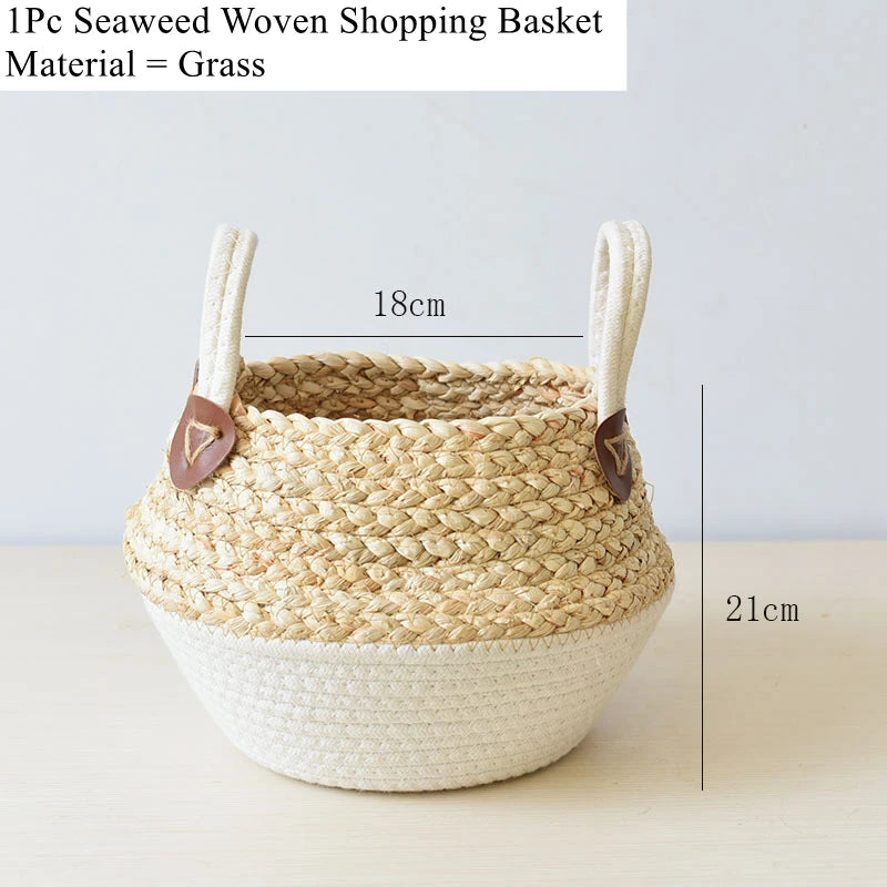 Zerolife-Seaweed Wicker Basket with Handle, Rattan Hanging Flower Pot, Dirty Clothes Storage, Children's Toy Sorting, 3 Size