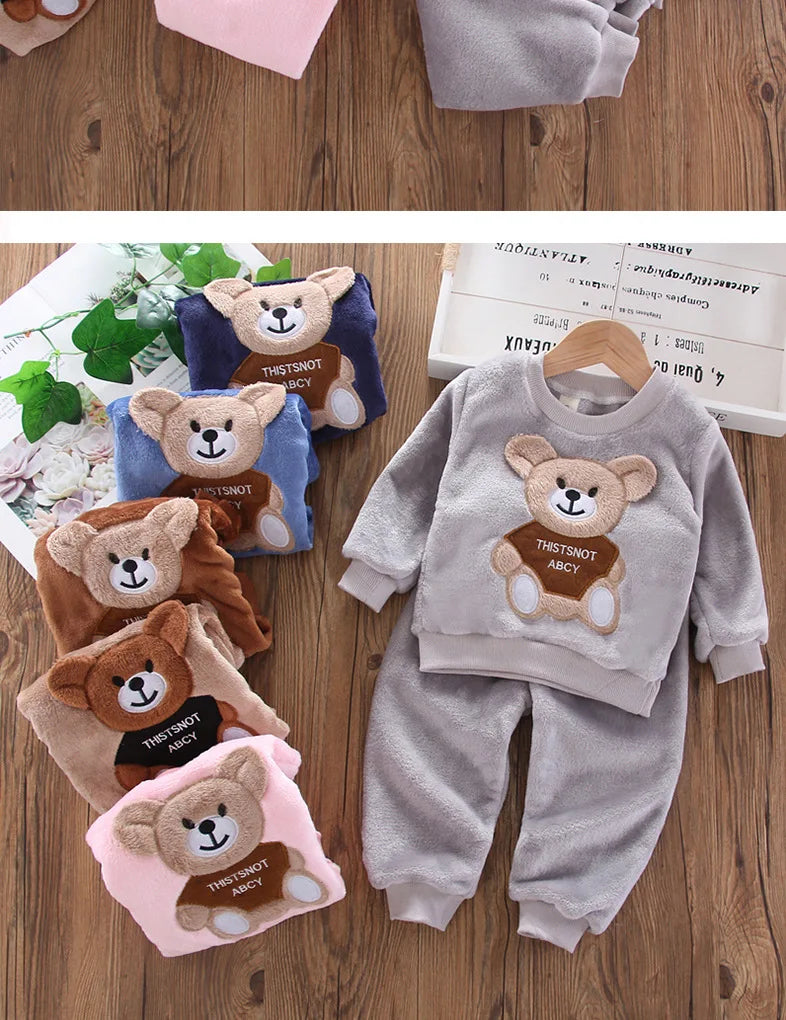 New Winter Baby Girls Boys Homewear Sets Autumn Fashion Flannel Fleece Clothes Kids Cartoon Bear Sleepwear Children Pajamas