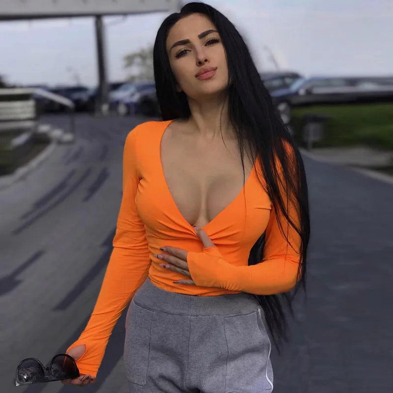 Orange Neon Bodysuit Women Long Sleeve Bodycon Sexy 2024 Autumn Winter Streetwear Club Party Outfits Casual Female Clothing