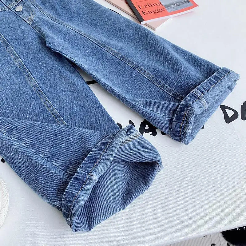 Kids Wide Leg Pants 2024 Autumn Winter New Personality Fashion Girls Hight-Waist Jeans Elastic Waist Button Pocket Casual Jeans