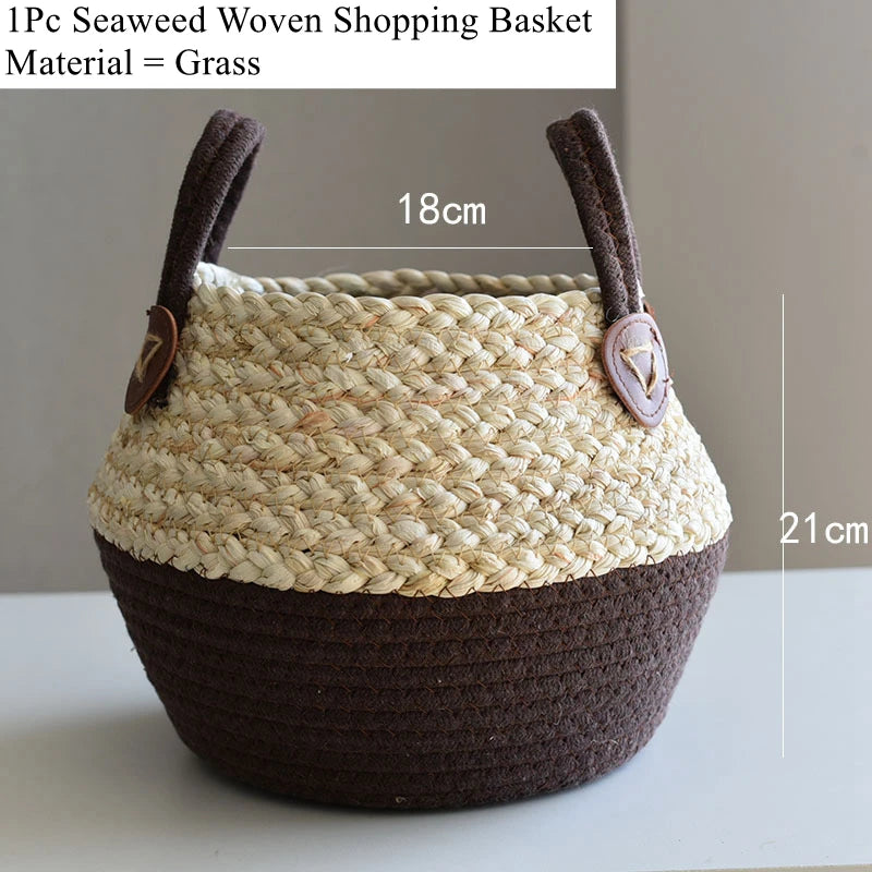 Zerolife-Seaweed Wicker Basket with Handle, Rattan Hanging Flower Pot, Dirty Clothes Storage, Children's Toy Sorting, 3 Size