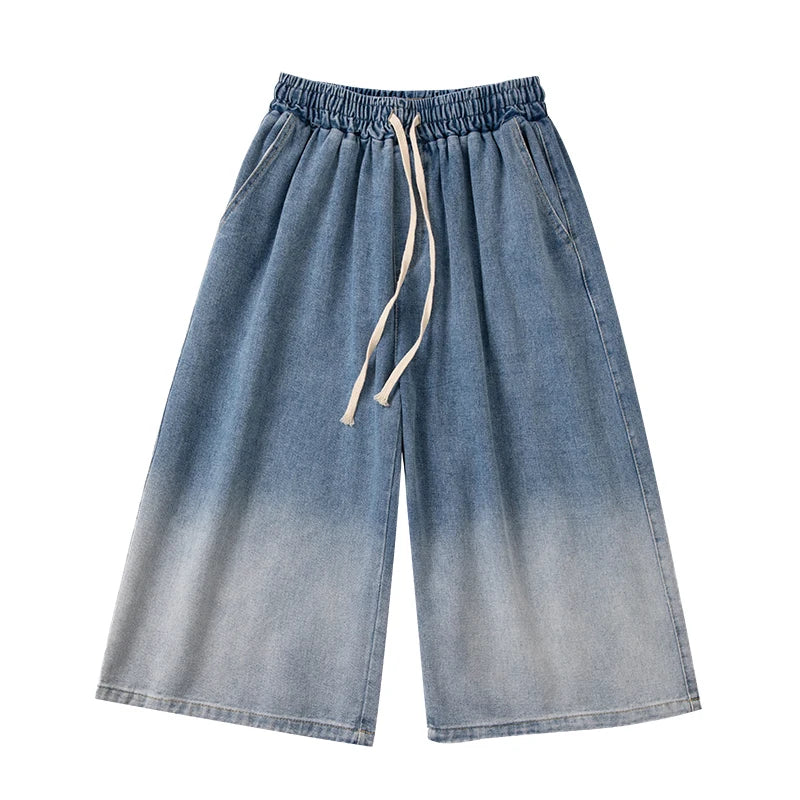 Summer Gradient Jeans Shorts Male Calf Length Trousers Denim Elastic Waist Short Jean Mens Oversized Black/Blue S-2XL