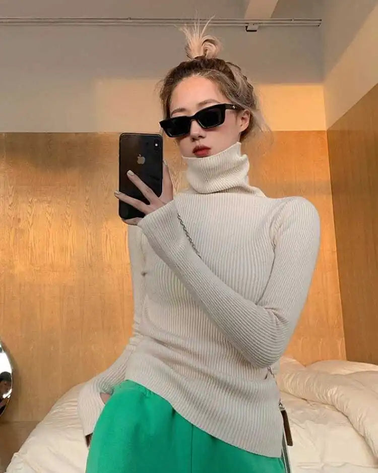 Women heaps collar Turtleneck Sweaters Autumn Winter Slim Pullover Women Basic Tops Casual Soft Knit Sweater Soft Warm Jumper