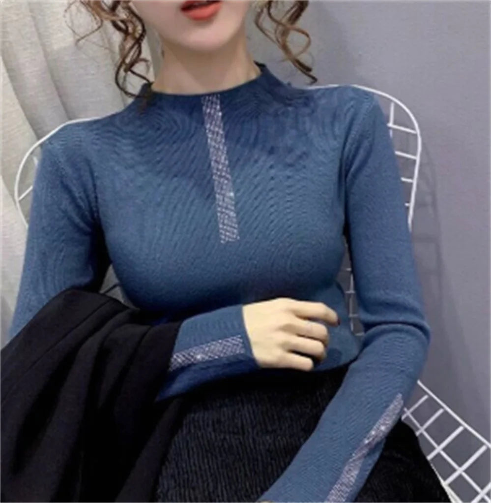 2023 Woman Sweaters Turtleneck Sweater Women's Underwear Fall/Winter Slim Rhinestone Pullover Top Sweater H1104