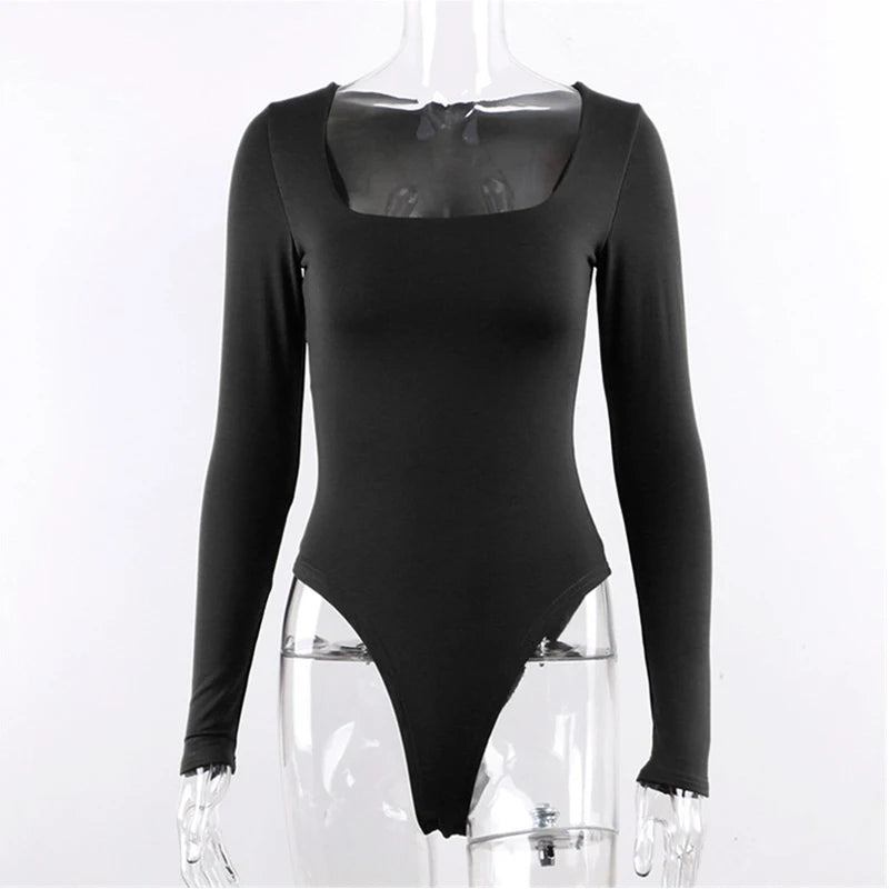 Long Sleeve Knitted Bodysuit Ladies Winter Fall Winter Solid Color Square Collar White Black Casual Bodysuit Bodysuit women Tops