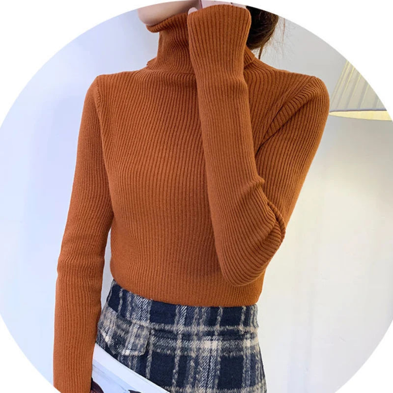 ZOKI New 2023 Women Pullover Turtleneck Sweater Autumn Long Sleeve Slim Elastic Korean Simple Basic Cheap Jumper Solid Color Top