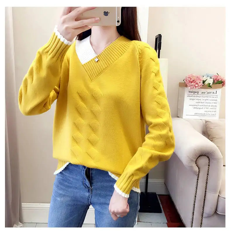 Women's Sweaters Knitting Pullover 2022 New Autumn Winter Casual Loose Striped V-neck Knitted Sweater Female Pullovers Tops