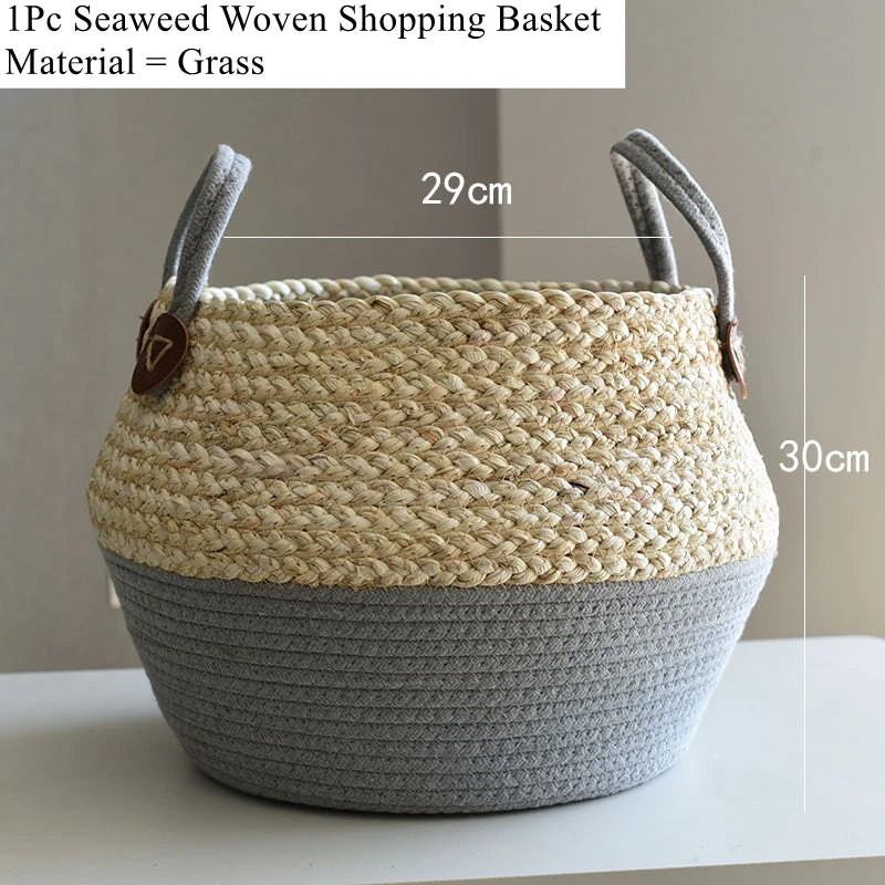 Zerolife-Seaweed Wicker Basket with Handle, Rattan Hanging Flower Pot, Dirty Clothes Storage, Children's Toy Sorting, 3 Size