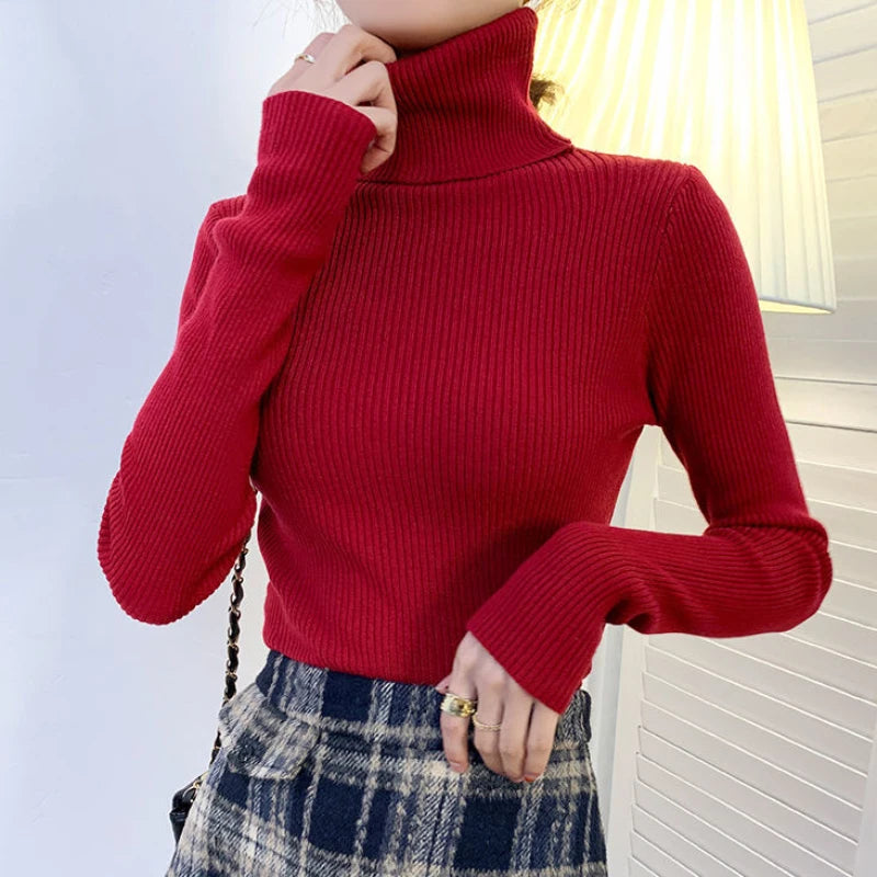 ZOKI New 2023 Women Pullover Turtleneck Sweater Autumn Long Sleeve Slim Elastic Korean Simple Basic Cheap Jumper Solid Color Top