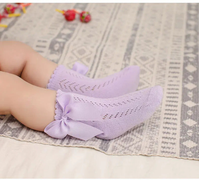 0-5Years Baby Girls Socks With Big Bows Breathable Children Girl Short Socks Hollow Out Toddlers Kids Cotton Princess Cute Socks