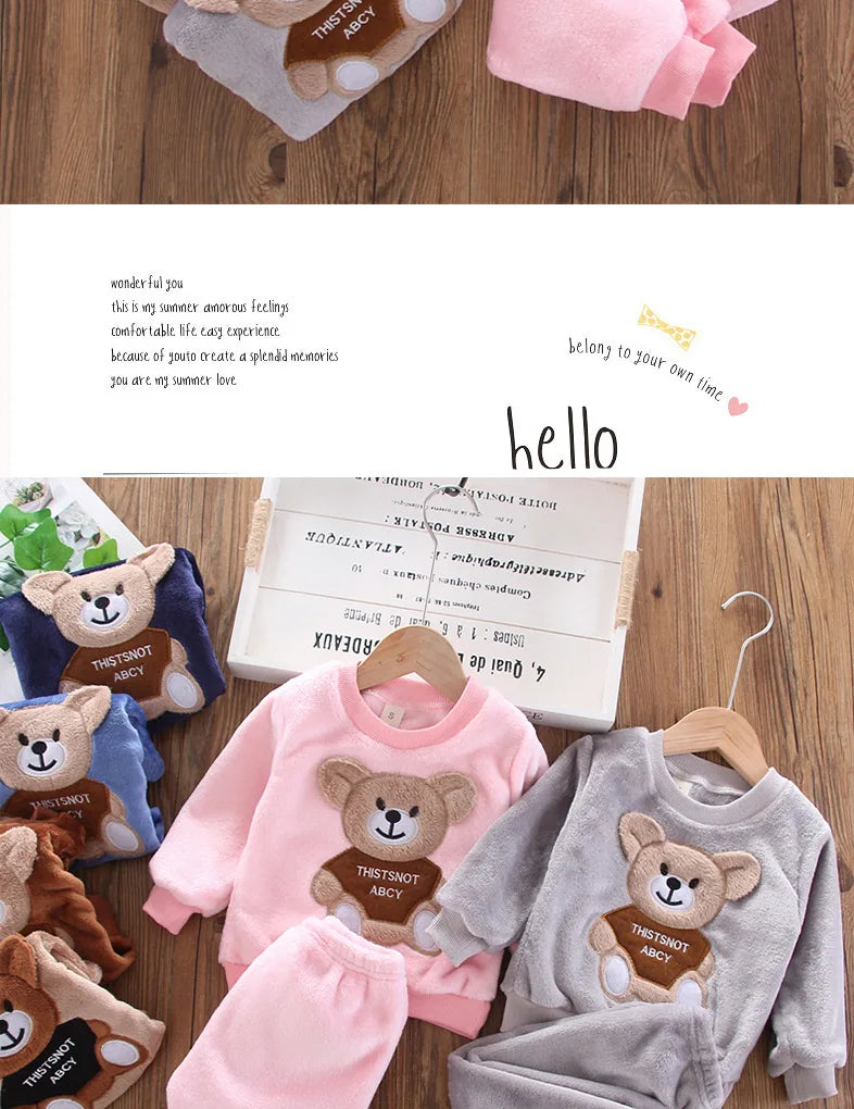 New Winter Baby Girls Boys Homewear Sets Autumn Fashion Flannel Fleece Clothes Kids Cartoon Bear Sleepwear Children Pajamas