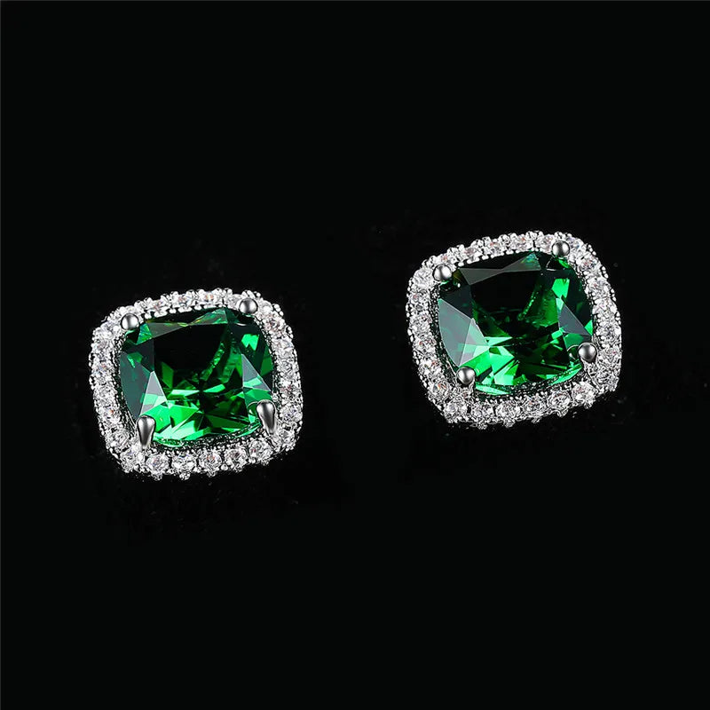 Cute Female Crystal Black Stone Earrings Charm Silver Color Stud Earrings Luxury Square Wedding Earrings For Women