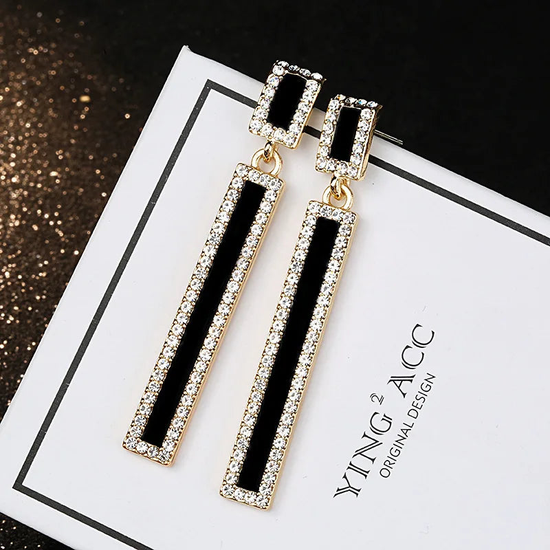 New Fashion Black Color Enamel Rectangle Drop Earrings for Women Geometric Inlay Rhinestone Long Ear Wedding Party Jewelry