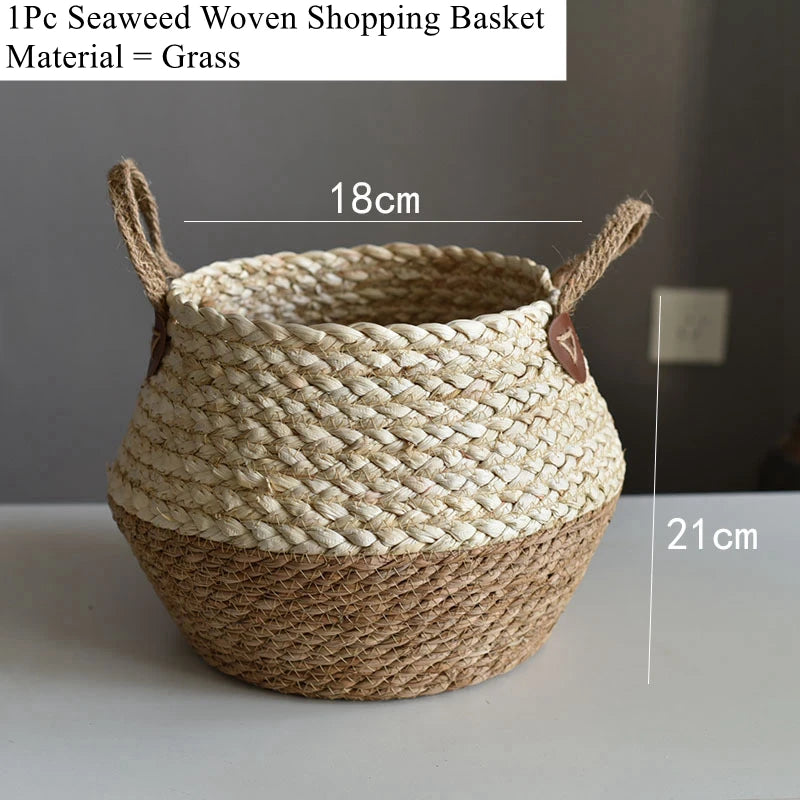 Zerolife-Seaweed Wicker Basket with Handle, Rattan Hanging Flower Pot, Dirty Clothes Storage, Children's Toy Sorting, 3 Size