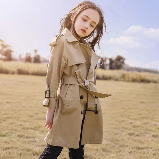 4-13 Years Teen Girls Long Trench Coats New Fashion England Style Windbreaker Jacket For Girls Spring Autumn Children's Clothing