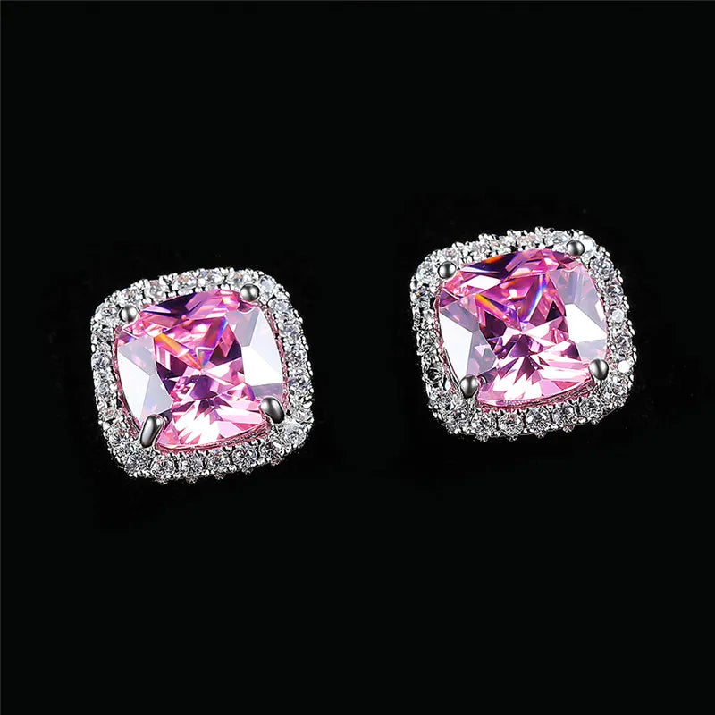 Cute Female Crystal Black Stone Earrings Charm Silver Color Stud Earrings Luxury Square Wedding Earrings For Women