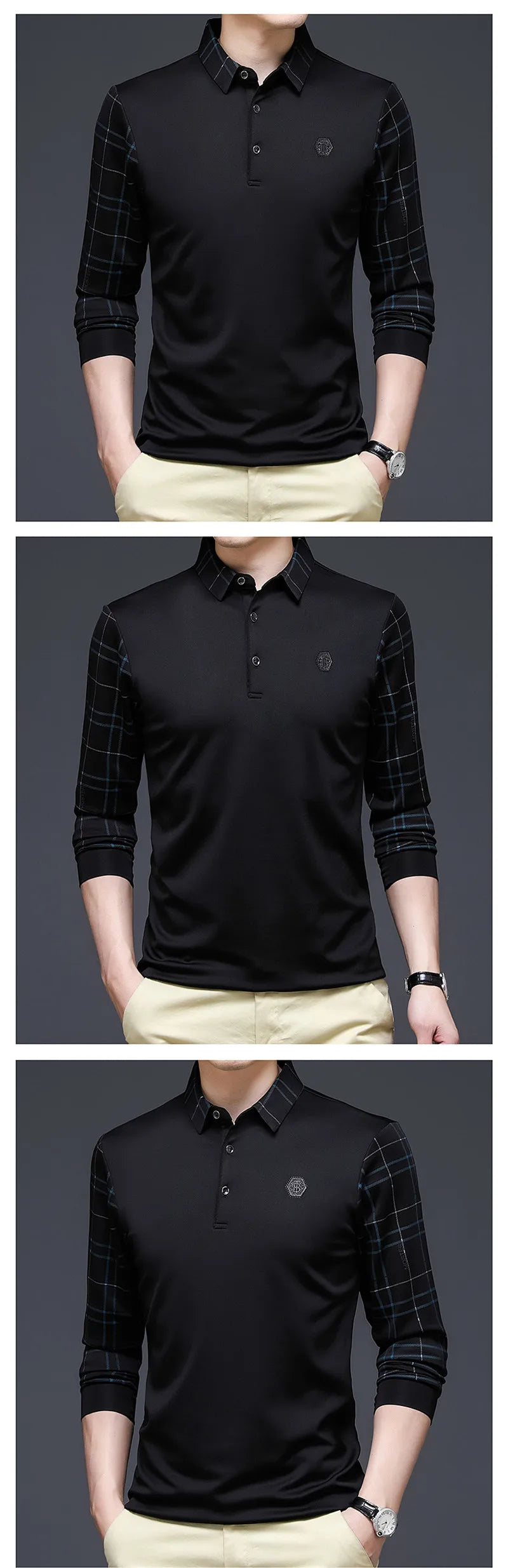 New Fashion Solid Polo Shirt Men Korean Fashion Clothing Long Sleeve Casual Fit Slim Man Polo Shirt Button Collar Tops