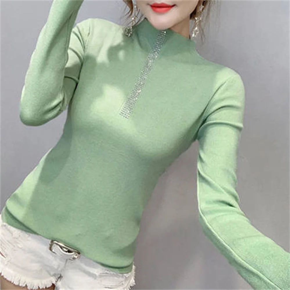 2023 Woman Sweaters Turtleneck Sweater Women's Underwear Fall/Winter Slim Rhinestone Pullover Top Sweater H1104