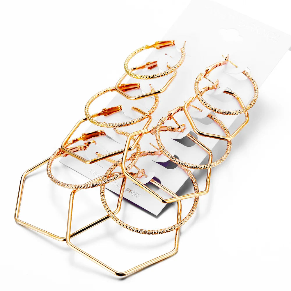 Fashion Hyperbolic Hoop Earrings Set For Women Gold Silver Color Small Big Polygon Circle Earring Female Trendy Jewelry Gift