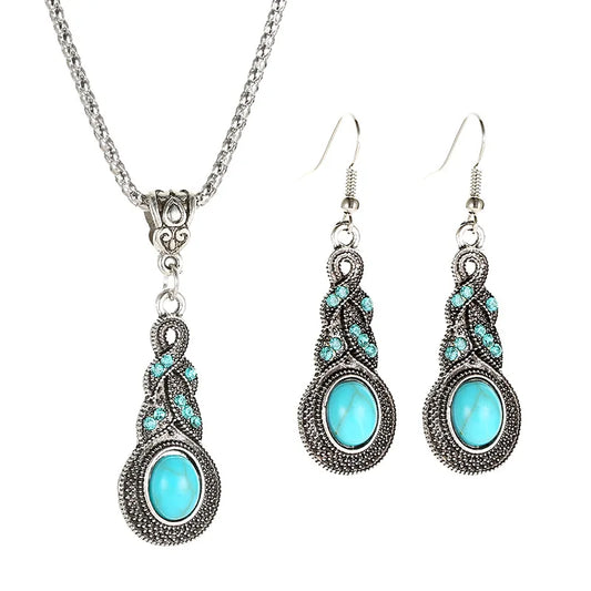 European And American Style New Drop Set Retro Pattern Blue Crystal Jewelry Zircon Boho Party Set Necklace Earrings