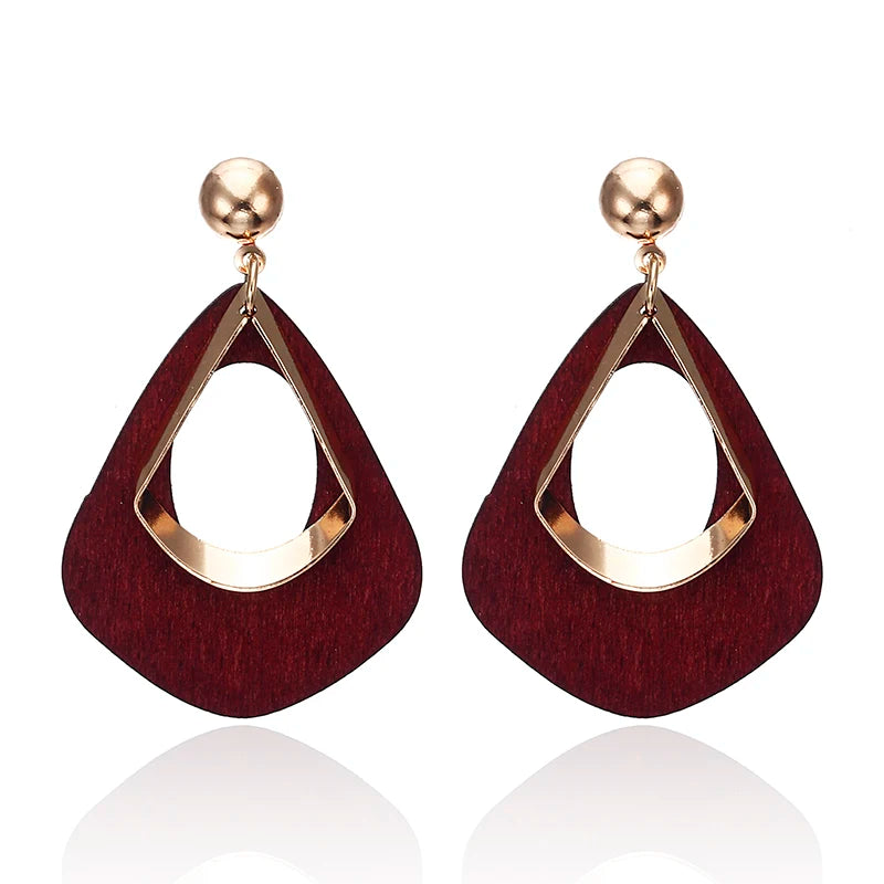 Vintage Hollow Water Droplet Dangle Earrings for Women Metal Wood Double Layer Hollow Out Geometric Drop Earrings Trendy Jewelry