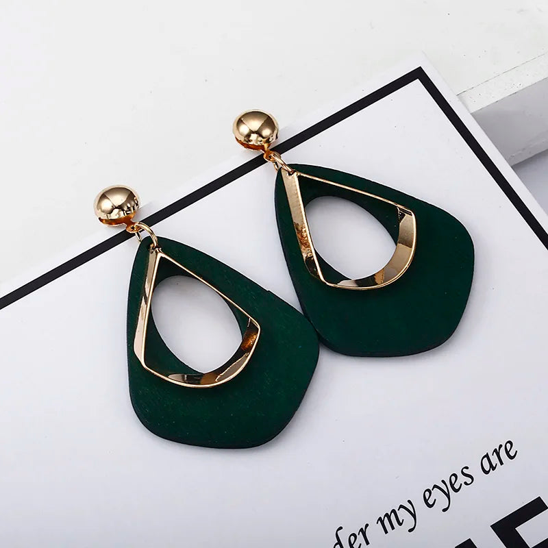 Vintage Hollow Water Droplet Dangle Earrings for Women Metal Wood Double Layer Hollow Out Geometric Drop Earrings Trendy Jewelry