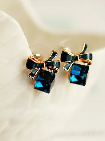 2018 Austria Exquisite Crystal Blue Water Cube Box Cube Stone Bow Stud Earrings Jewelry Wholesale Earrings For Women Pendientes