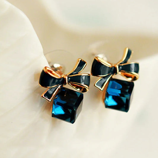 2018 Austria Exquisite Crystal Blue Water Cube Box Cube Stone Bow Stud Earrings Jewelry Wholesale Earrings For Women Pendientes