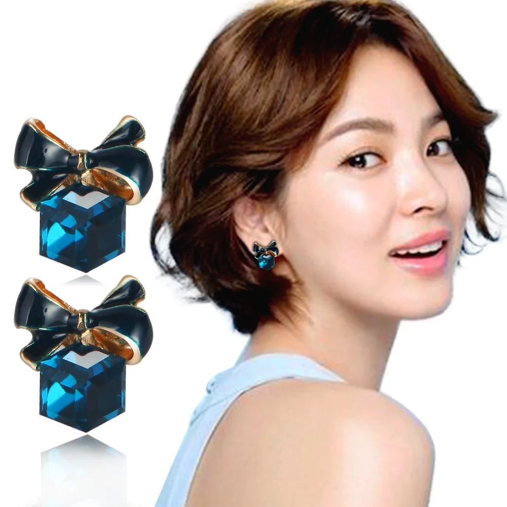 2018 Austria Exquisite Crystal Blue Water Cube Box Cube Stone Bow Stud Earrings Jewelry Wholesale Earrings For Women Pendientes