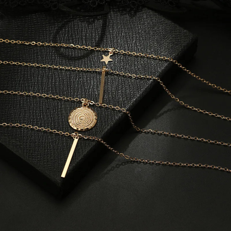 New Vintage Boho Multilayer Pendant Necklace for Women Golden Star Metal Collar Jewelry