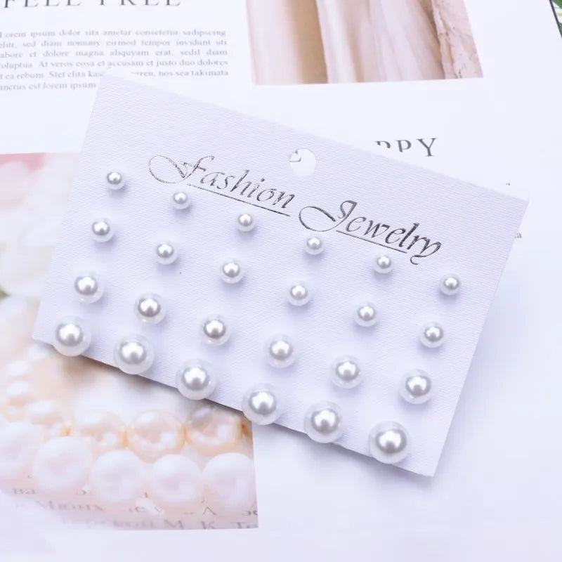 Trendy 12 Pairs/Set Cute Triangle Crystal Heart Stud Earrings for Women Ball Simulated Pearl Flower Brincos