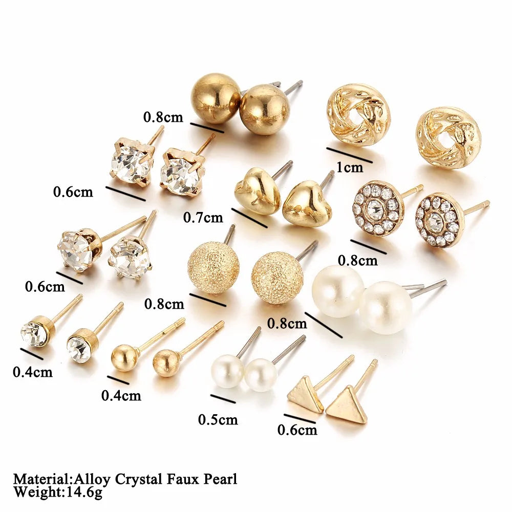 Trendy 12 Pairs/Set Cute Triangle Crystal Heart Stud Earrings for Women Ball Simulated Pearl Flower Brincos